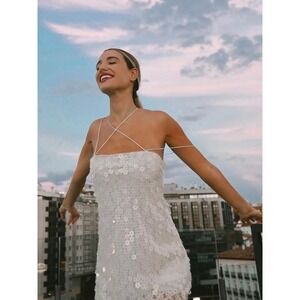 NWT Zara Cream Floral Sequin Mini Dress Size Large